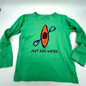Life is Good Kids Green Long Sleeve Just add Water Kayak T Shirt Cotton Jersey L